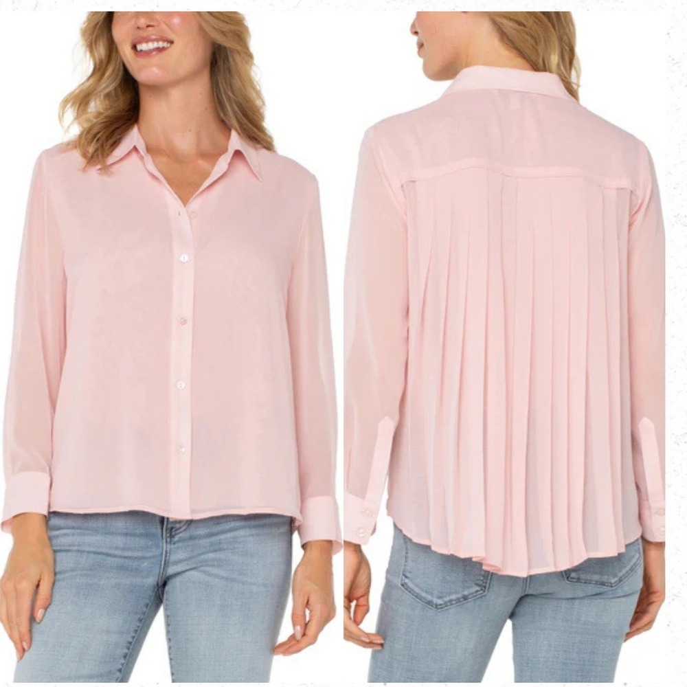 Liverpool Los Angeles Chiffon Button Down Blouse Soft Pink Sheer Pleated Back